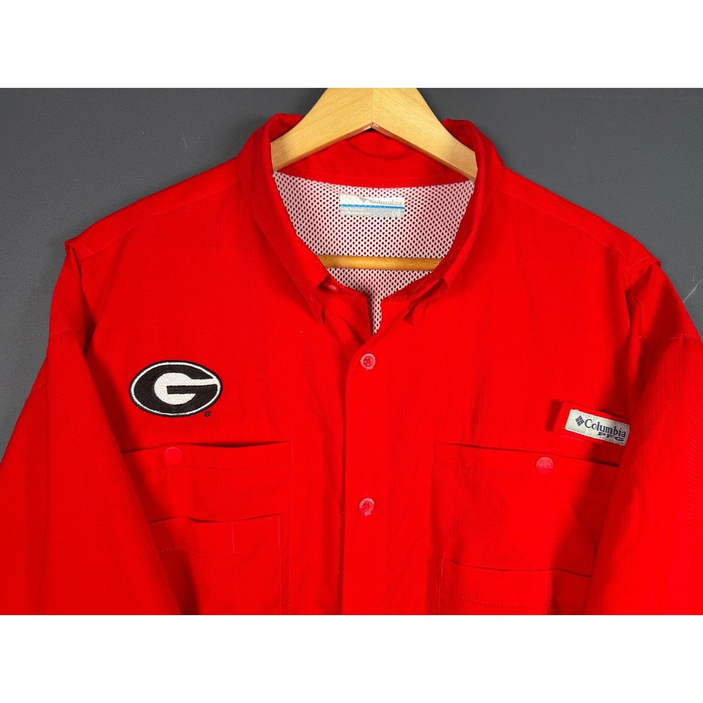 Columbia PFG Mens Large Georgia Bulldogs Button Up Shirt Short Sleeve Red